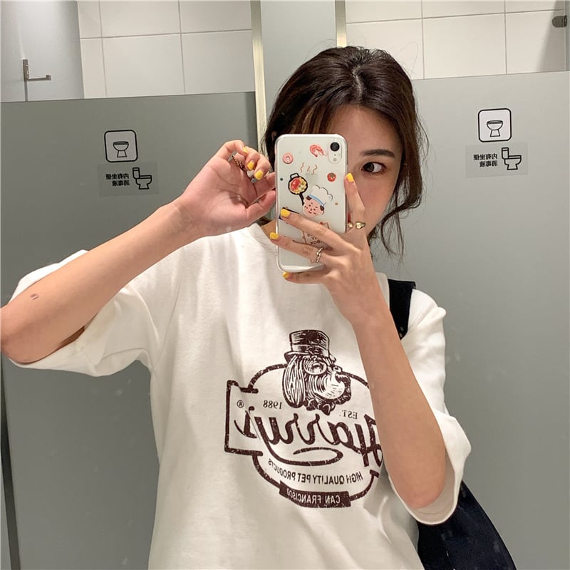 トップス Tシャツ 4色 半袖 英字ロゴ ドッグ 犬 プリント ゆったりめ