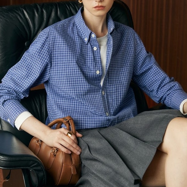blue plaid cotton long sleeve shirt<t3224>