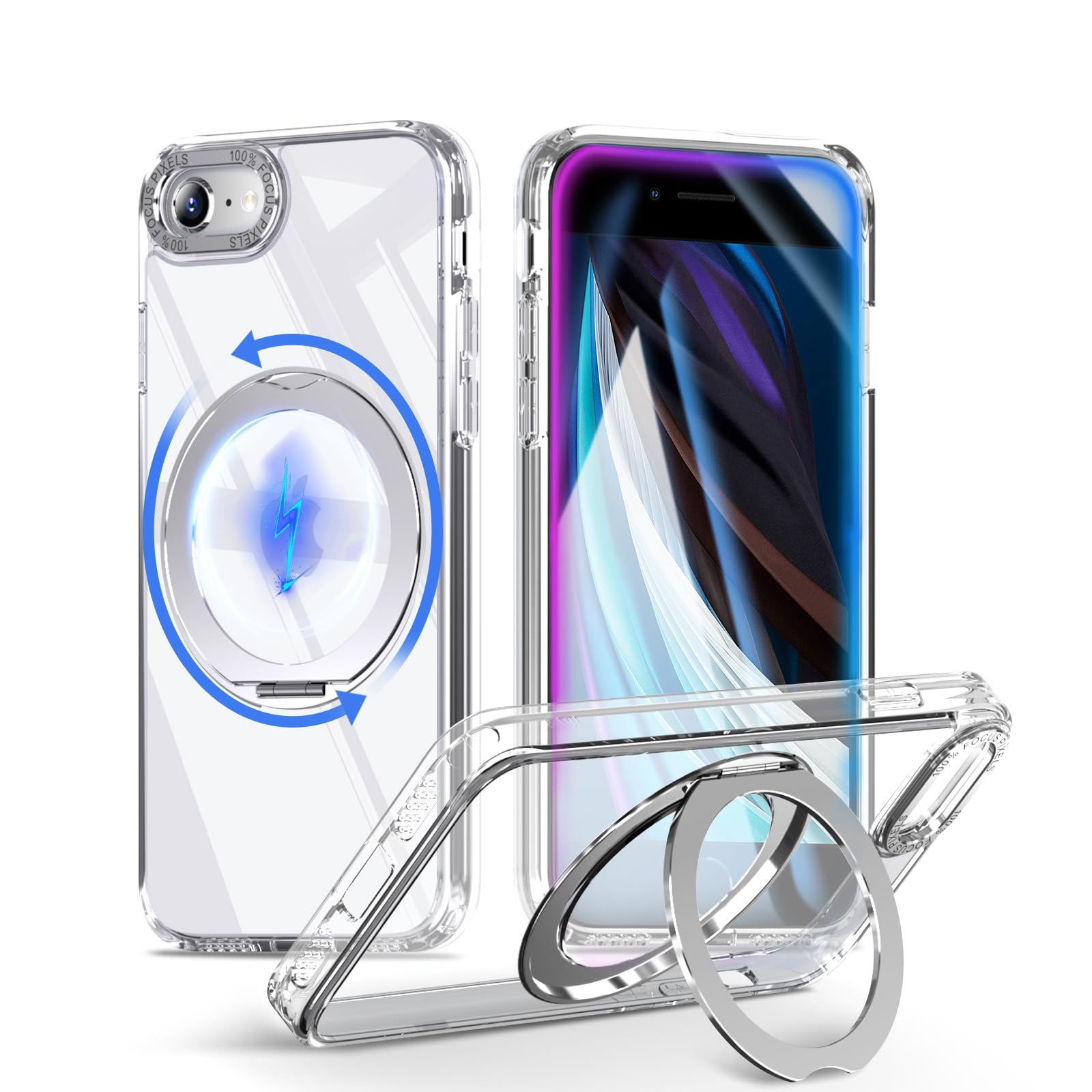MINIKA iPhone SE3 iPhone SE2 用 ケース Magsafe対応 360度回転 スタンド付き 多機能 スマホケース【クリア】