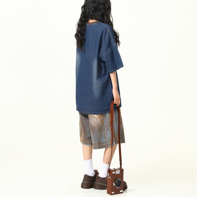 カレッジロゴウォッシュライクデニムTシャツ 1col R02229