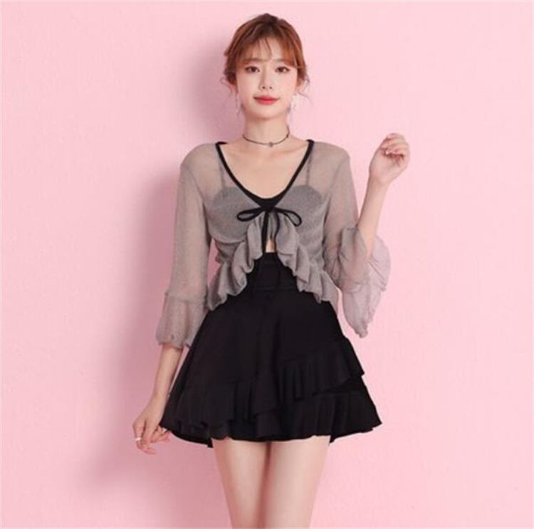 人目を引く美人 水着 カジュアル 温泉 気質 長袖 ピュアカラー ベアトップ