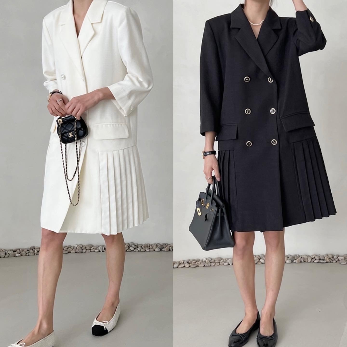 【2color】ツイードプリーツダブル ボタンワンピース