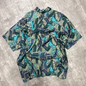 半袖　シャツブラウス　総柄　シルク　ブルー　ポケット　オーバーサイズ