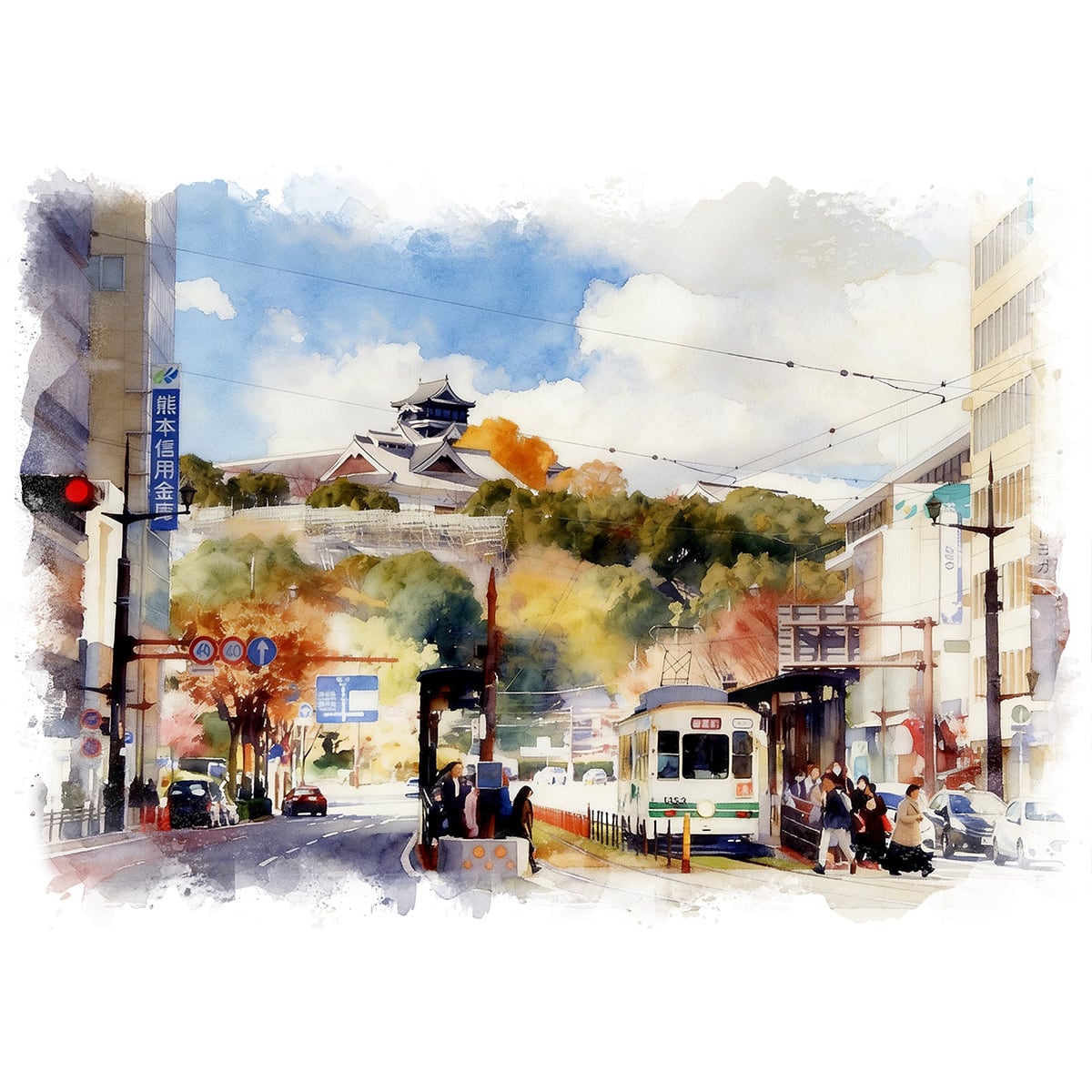 絵画(風景画) 日本の城 熊本県 通町筋から見た熊本城 インテリアアート