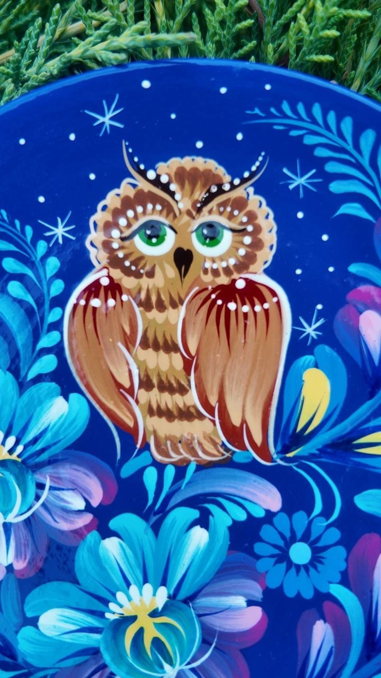 ペトリキウカ塗りのプレート　梟 （ティモシェンコ作）13cm - 5