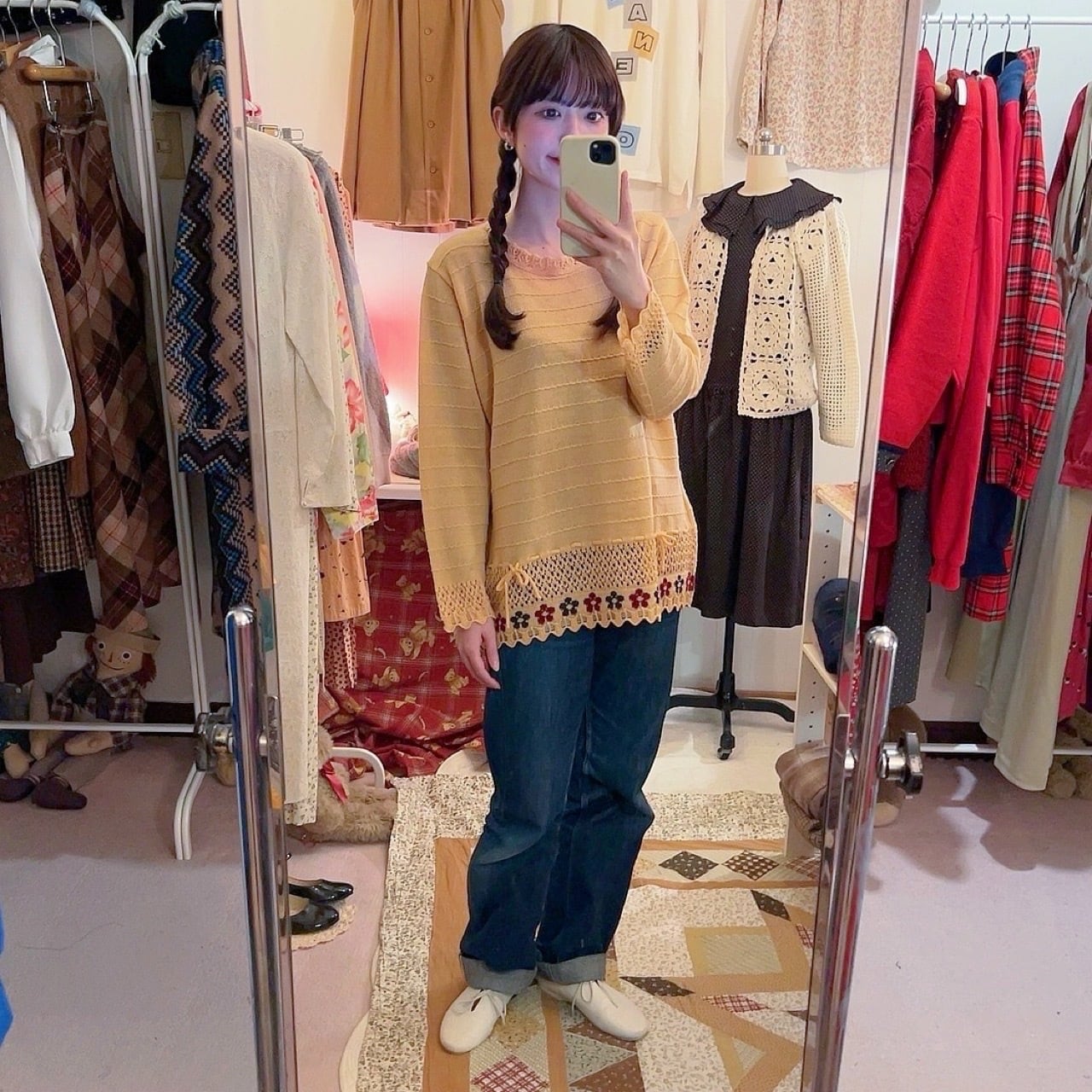 orange flower ribbon openwork knit sweater