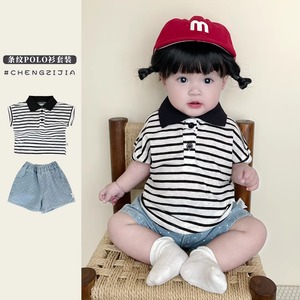 ストライプポロシャツ＆デニムショーツセット