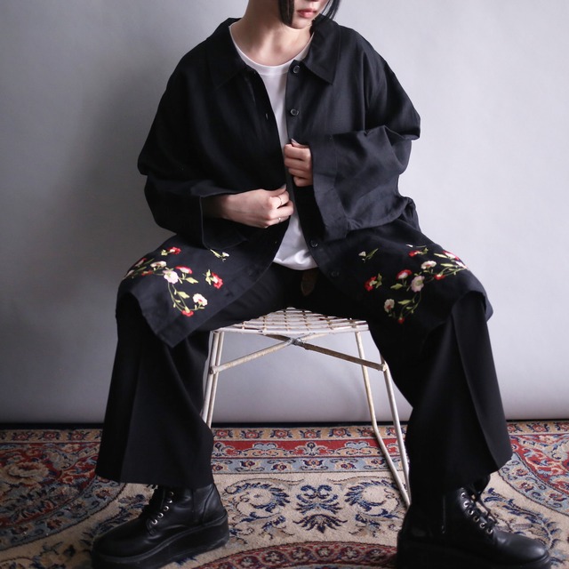 "花×刺繍" super wide silhouette black mode loose shirt