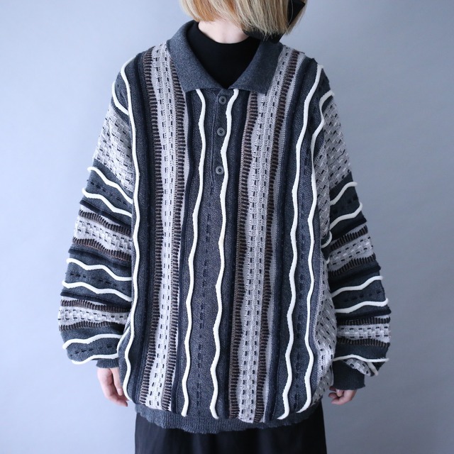 good coloring 3D uneune line pattern loose pullover knit