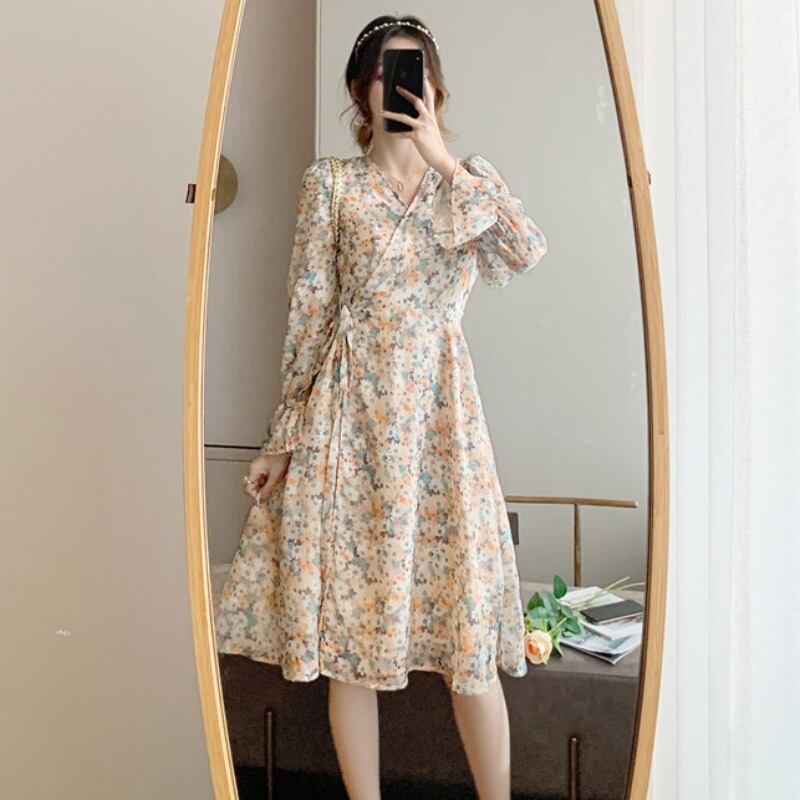 スタンダードスリーブウェストAラインスカート オータムスタイルVネックシフォンフローラルドレス レトロ 秋物 花柄 ハンチェンe53651622413