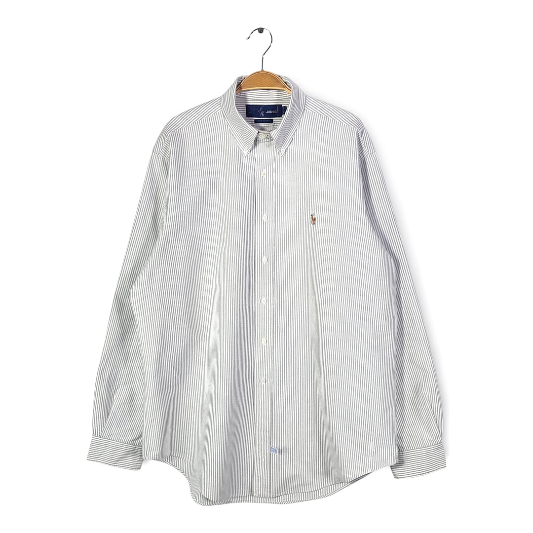90s ラルフローレン オックスフォードシャツ ボタンダウン ストライプ 白灰 ワンポイントロゴ 長袖シャツ RALPH LAUREN サイズL相当 古着 CA1538