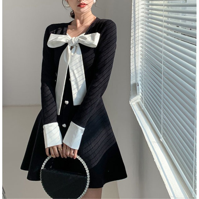 バイカラーリボン フレアワンピース　　a455