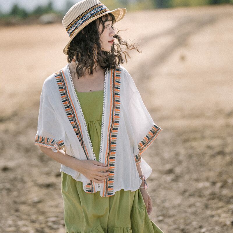 エスニックカーディガンジャケット ショートスリーブ薄手サマー レッド 刺繍 夏物 ドリームホーストラベル婦人服86581544355