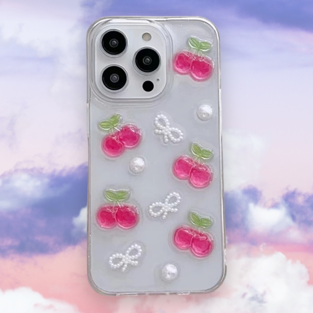 3D さくらんぼ チェリー リボン クリア iPhoneケース | スマホケース 