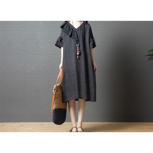 半袖ワンピース 大きいサイズ ゆったり 体型カバー カジュアル ワンピース 膝丈 シンプル レディーススカート 半袖 レディースワンピース お洒落 ひらひら 個性的 ブラック 大人可愛い ミドル丈
