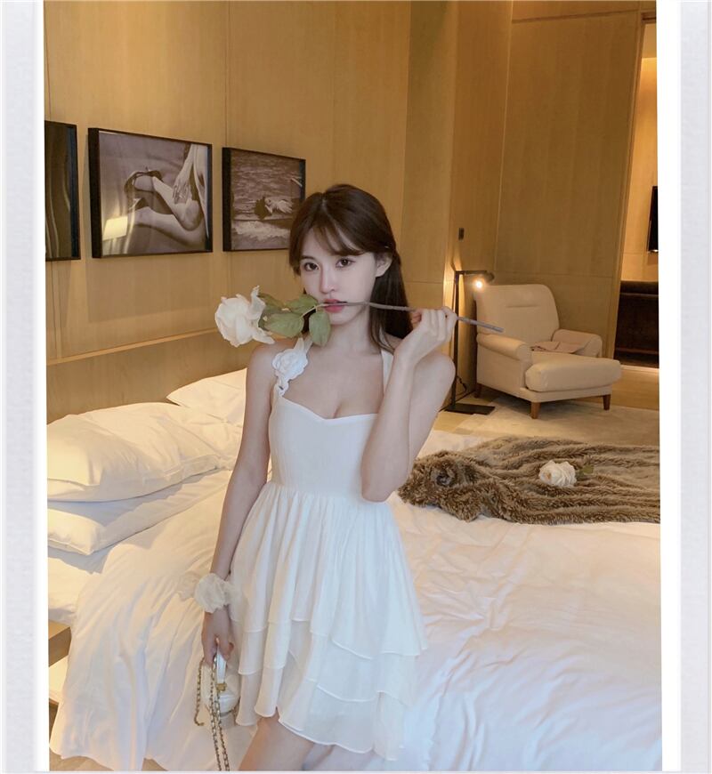 シフォンドレス サマーショートスカート ホワイト 大人ガーリー スウィート キュート カジュアル 夏物 ブラックストロベリース3485319539