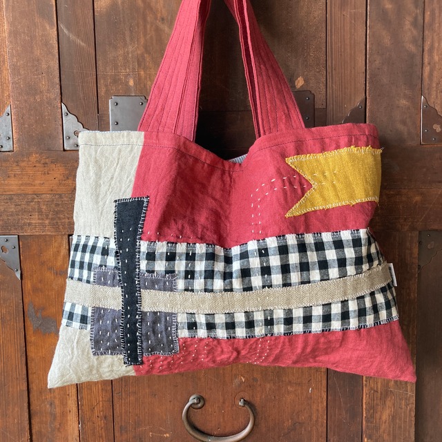 Linen collage&patch big tote/光