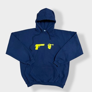 【GILDAN】プリント スウェット パーカー フーディー hoodie プルオーバー XL ビッグシルエット ネイビー HEAVYWEIGHT ヘビーウェイト 太アーム us古着