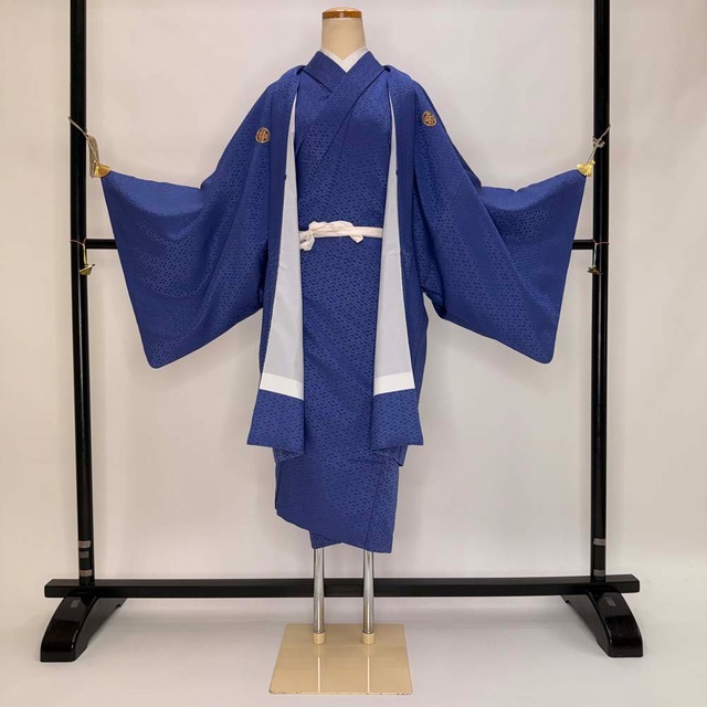 男紋付 男着物 紋付 ポリエステル 羽織 長着 裄73cm L size 紫 五つ紋 中古 成人式 舞台衣装  5442