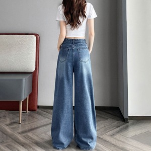 ワイド デニム パンツ レディース ダメージ クラッシュ Y2K 韓国風 ハイウエスト ウエストクロス アシメ 変形 ジーンズ ストレート 脚長 細見え 体型カバー ストリート [LS-CGP033]