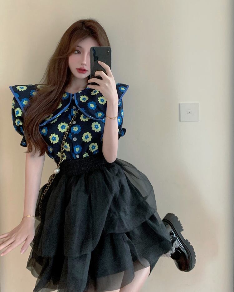 スカート ブラックメッシュハイウェストウェスト薄手Aラインショートサマー 夏物 ブラックストロベリース90902959415