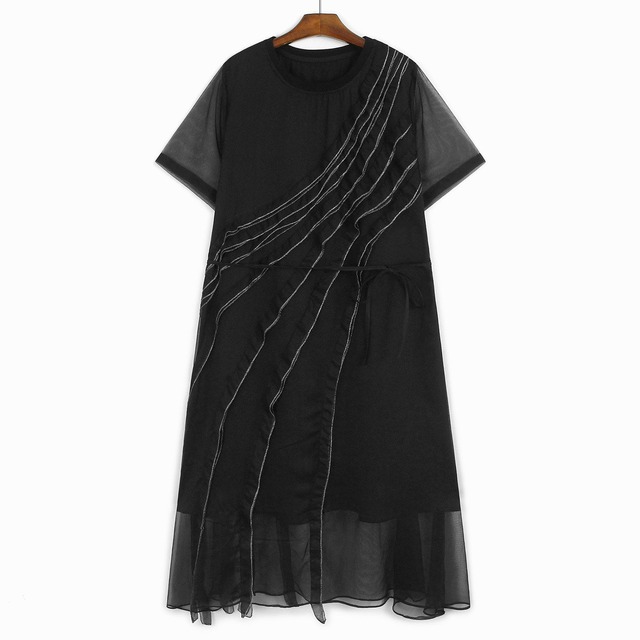 ASYMMETRIC RUFFLE SHEER PANEL MIDI DRESS M-17321