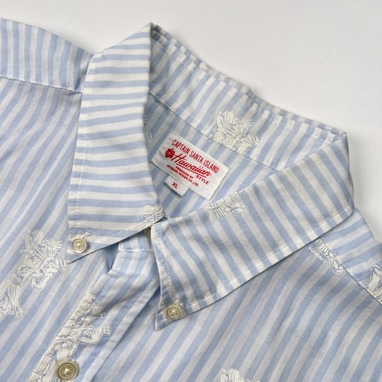 CAPTAIN SANTA ISLAND キャプテンサンタ アイランド プリント入り ストライプ BD 半袖シャツ サイズ XL /ホワイト×水色/メンズ/日本製