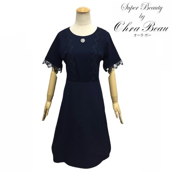 スーパービューティー ワンピース 襟元レース使い ウェスト切替 2516044 ネイビー 2025年春夏 オーラボー Super Beauty 大人かわいい服 大人スタイル キレイメ レディース アパレル 女性 M L LL 30代 40代 50代 60代