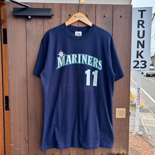 【00s】Majestic MLB シアトル・マリナーズ 半袖Tシャツ Tee クルーネック メンズ L 紺/NAVY VINTAGE ロゴ プリント マジェスティック