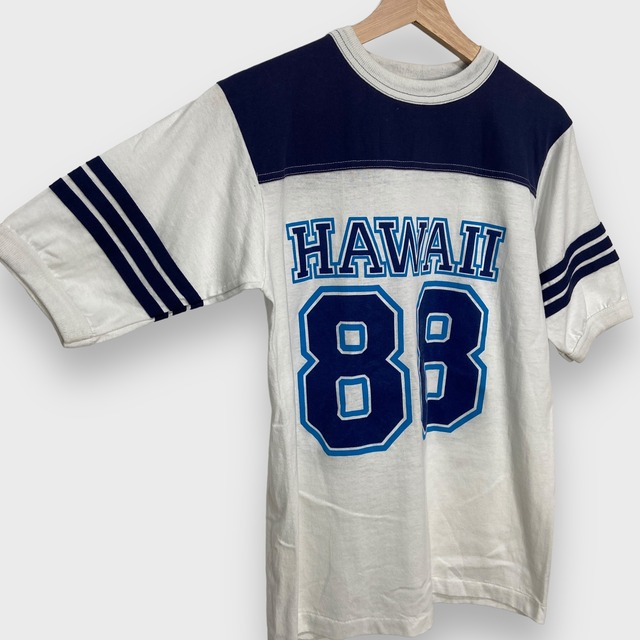 80s USA製 ナンバリングフットボールTシャツ ハワイロゴ 88 白 紺 M