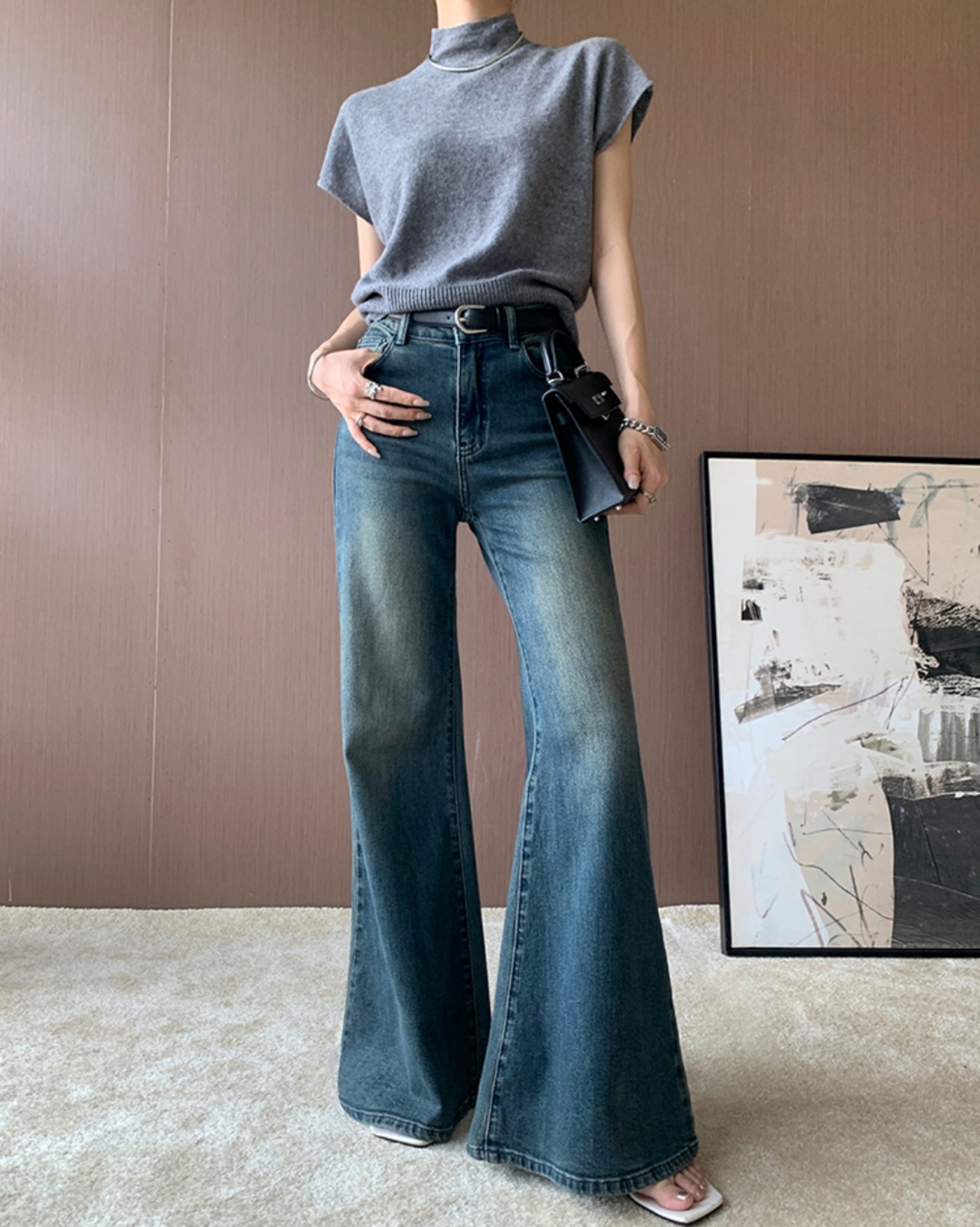 Plain highneck shortsleeve Sweater　T20097