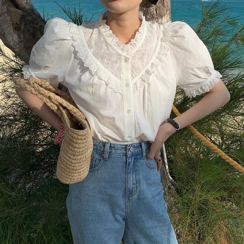 スタンダードスタイルレースシャツ サマー半袖スリーブトップス レディース ショート レトロ ハーフスリーブ 夏物 ビッグFスモールZ韓国49363376943
