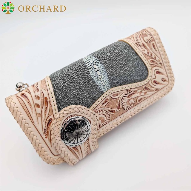 バイカーズウォレット フラワーカービング カウレザー コンチョ 長財布 ダイヤスターマーク メンズ レディース グレー