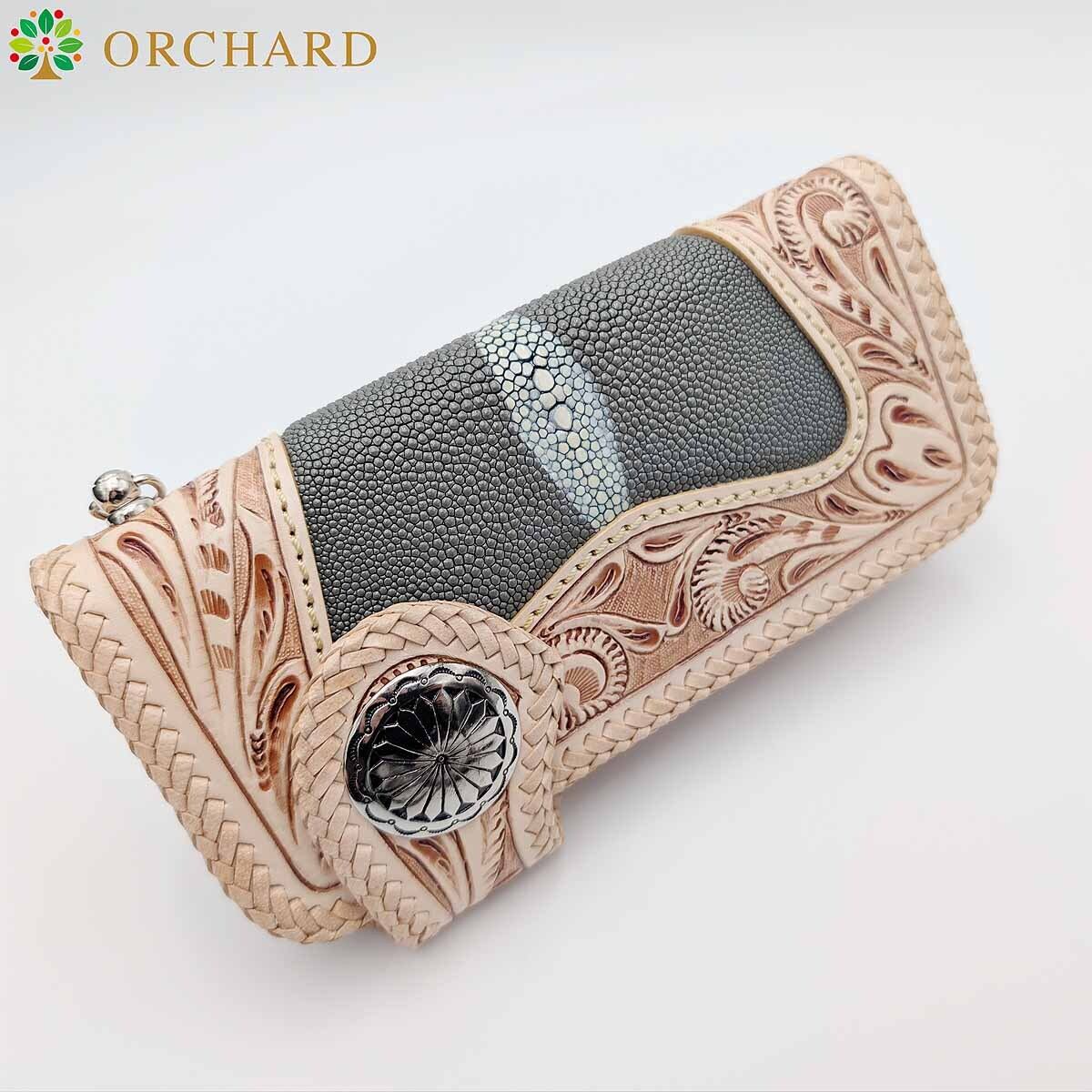 バイカーズウォレット フラワーカービング カウレザー コンチョ 長財布 ダイヤスターマーク メンズ レディース グレー