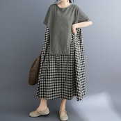 切り替えチェック柄 マキシ丈 ワンピース  30135