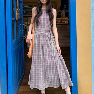 check sleeveless flare dress