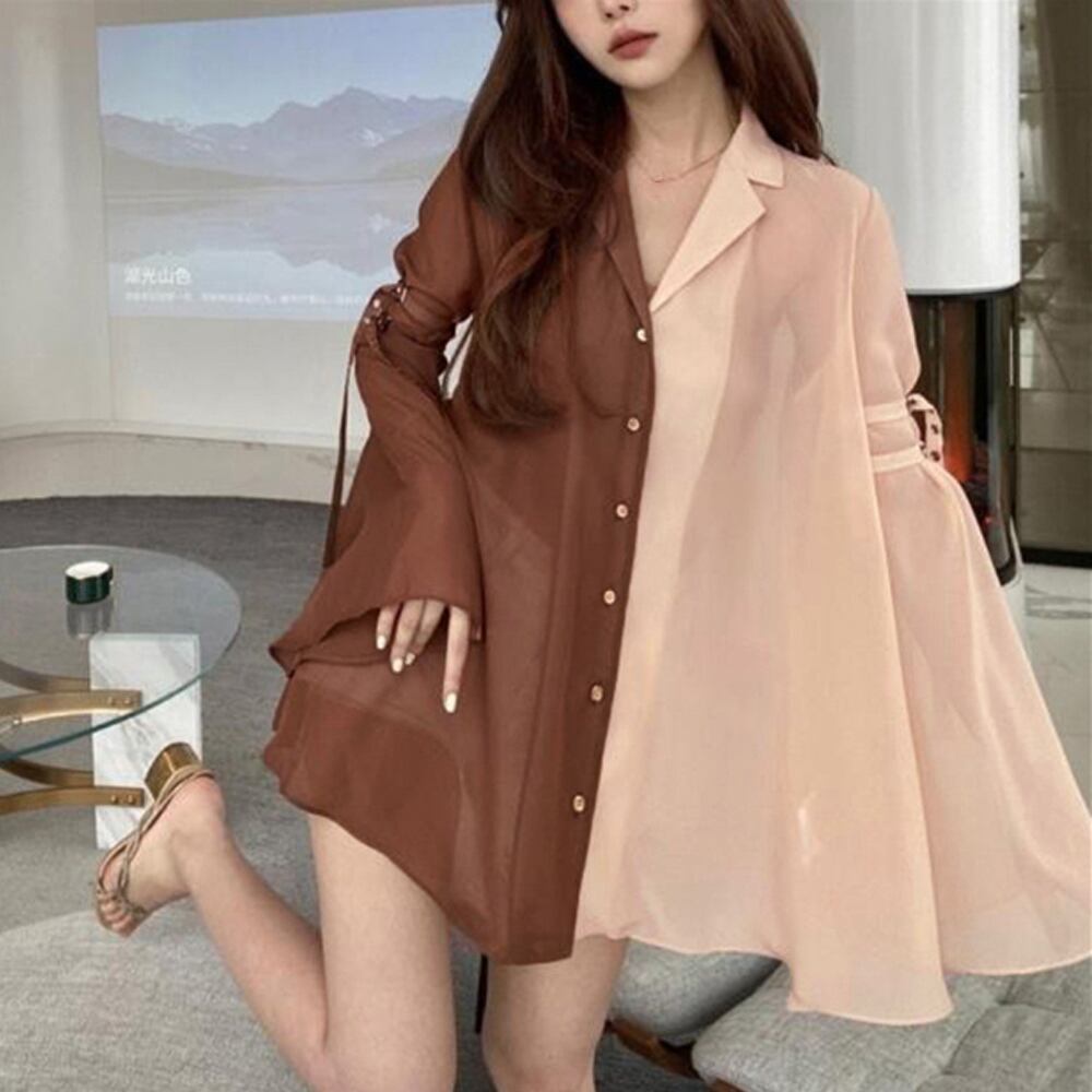 開襟シアーシャツ ベルスリーブ長袖春秋夏