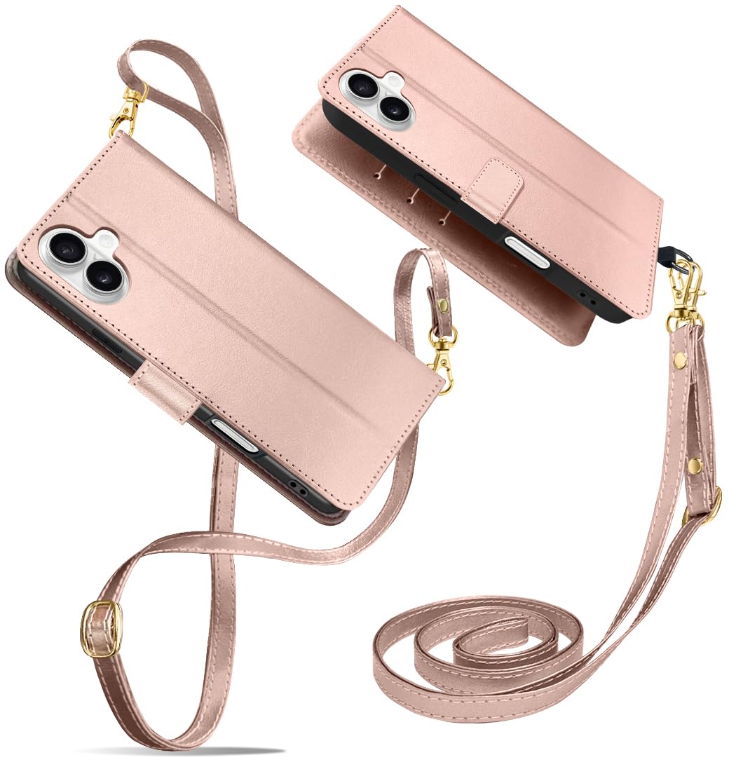 iPhone16 用 ケース 手帳型 ショルダー おしゃれ いphone16 スマホケース アイフォン16 カバー 肩掛け 財布型 女性 マグネット式 カード収納 スタンド機能 携帯ケース 可愛い 高級PUレザー 耐衝撃 擦り傷防止 全面保護 防塵 軽量 人気(ローズゴールド)