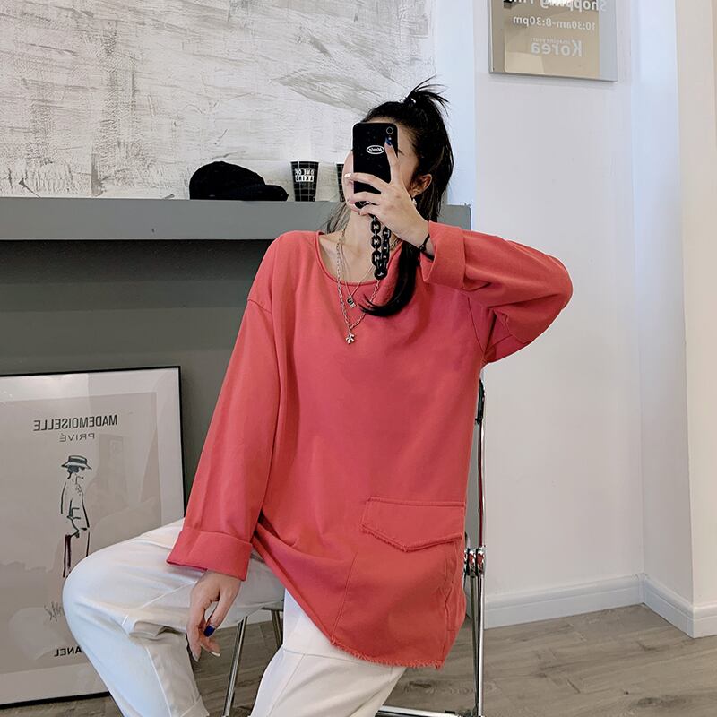 スタイルルーズセーター ラウンドネックプルオーバー ソリッド カラーシングルサイドポケットカジュアル 大きめサイズ Oネック ソリッドカラー ミックスインファッション10815085161