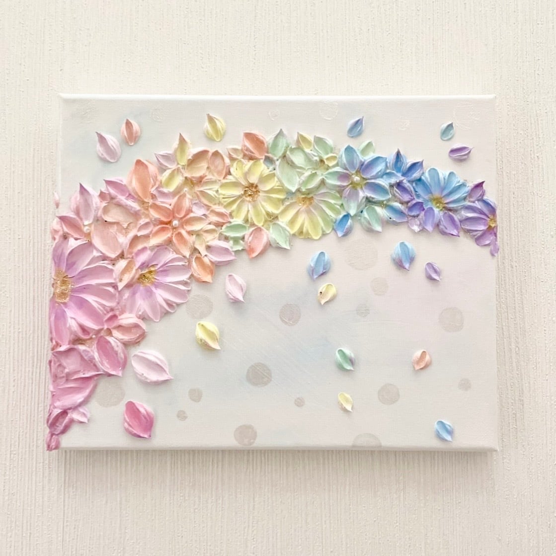 七色に咲く」22×27.3㎝ 玄関インテリア 花のテクスチャーアート 虹