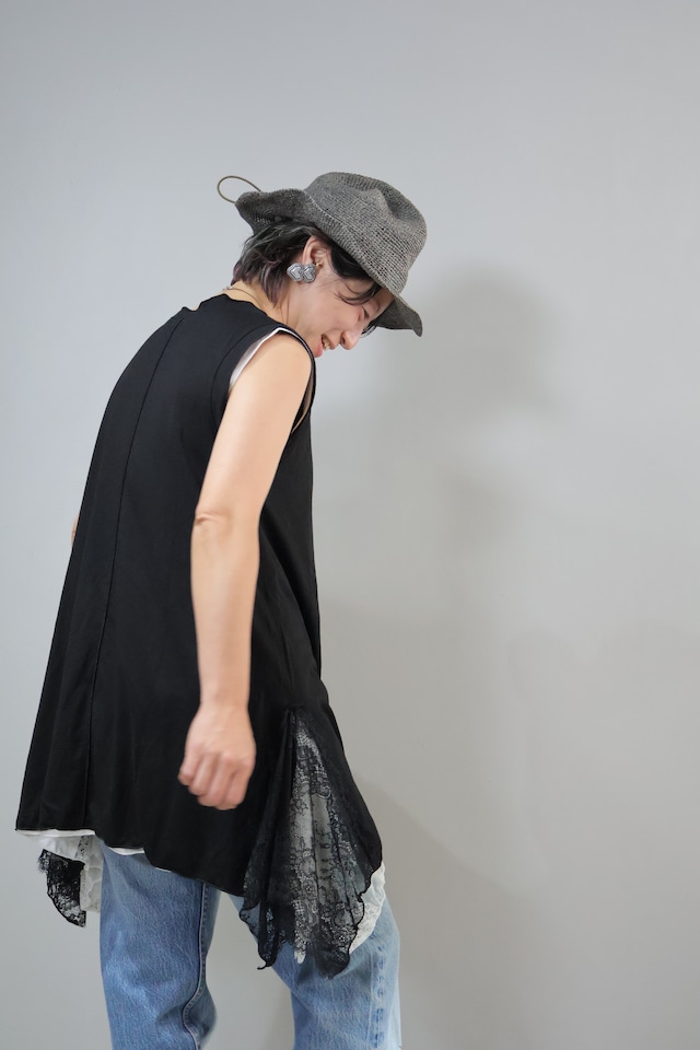 天竺×レースロングタンク【12604-486-10　BLACK/01 】2026SS