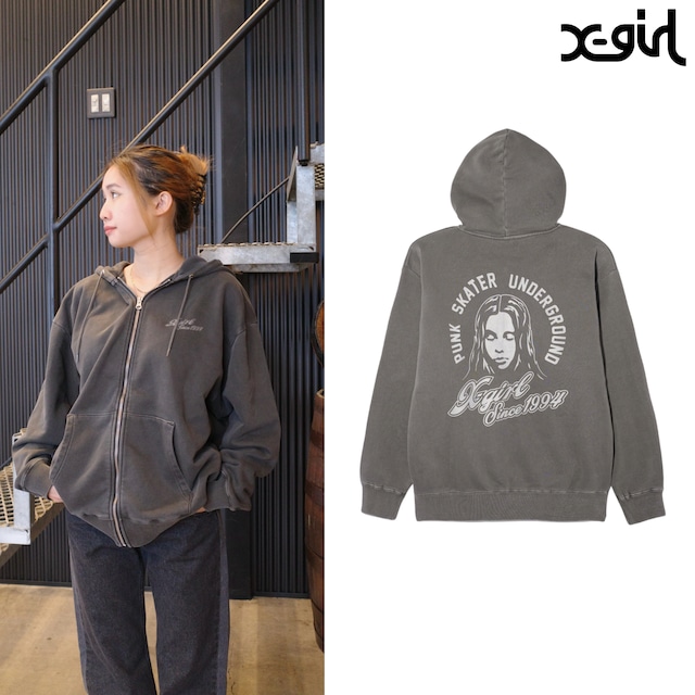 【X-girl】FACE & CURSIVE LOGO ZIP UP SWEAT HOODIE【エックスガール】