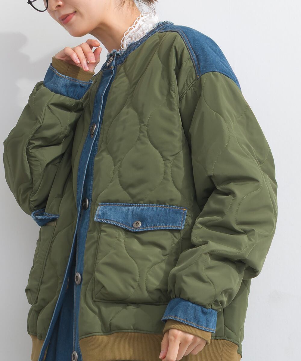 K53114 【体型カバーデニムシリーズ】 キルティング×8ozデニム異素材中