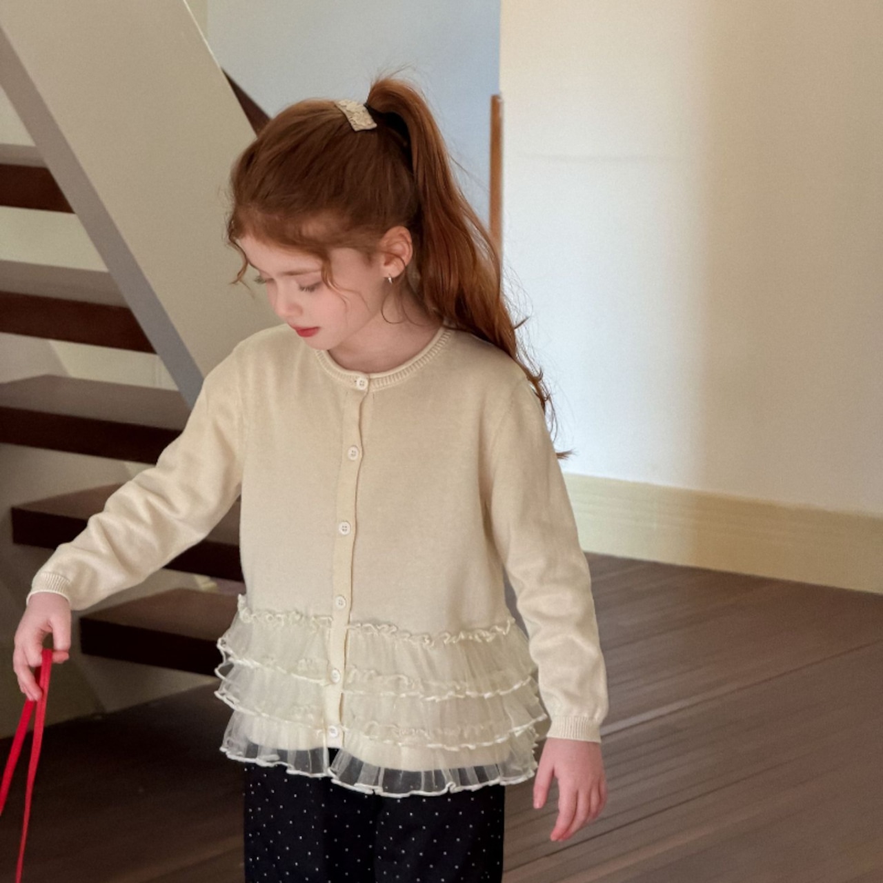 春多重チュール裾カーディガン