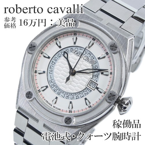 稼働品 送料無料 ロベルトカヴァリ 腕時計 クォーツ メンズ RV1G065M0061 白 ホワイト スケルトンデイト 大きい 重厚感 スイス製 綺麗 Q294