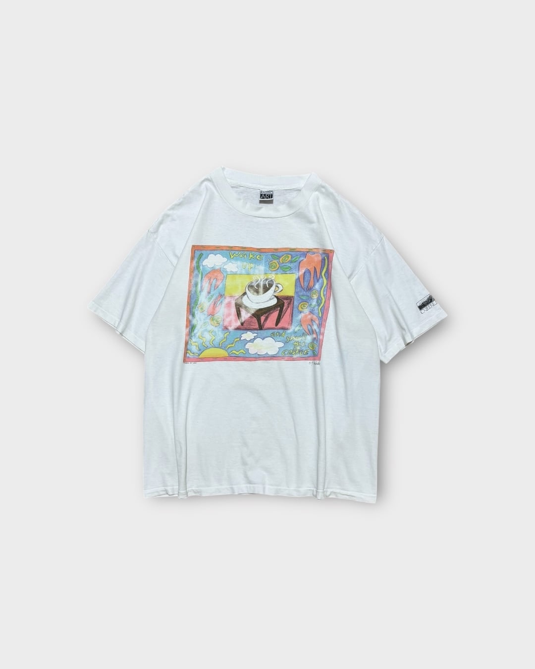 【VINTAGE】1990’s “FABRIC ART” Wake Up Coffee T-Shirt MADE IN USA