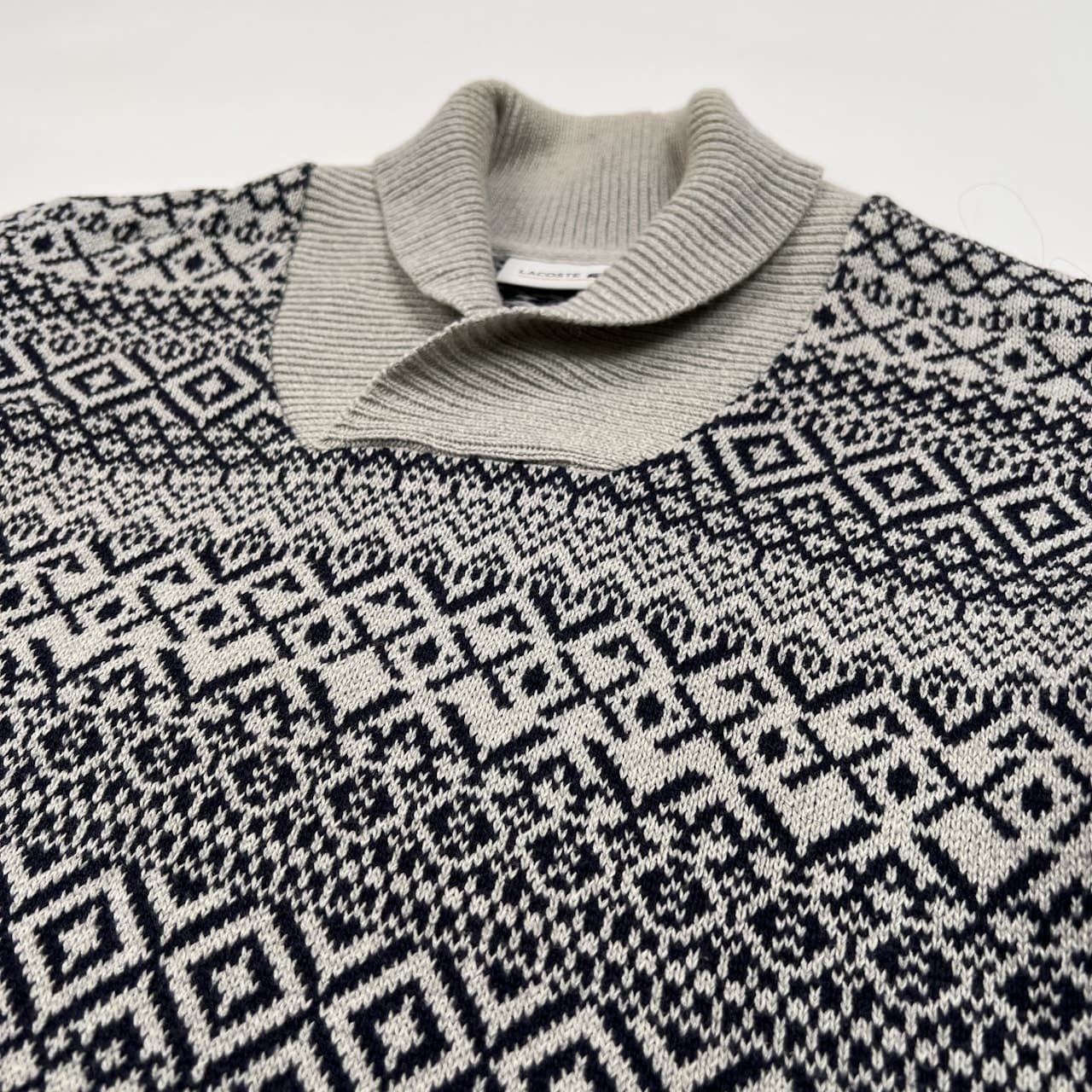 LACOSTE ラコステ フェアアイル ショールカラー ウール&コットン ニット セーター サイズ 3 /グレー×ネイビー/ファブリカ