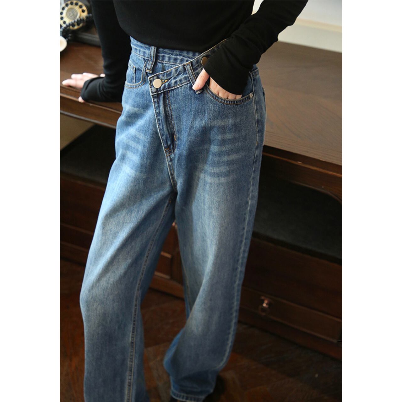 ハイウエストニッチデザインストレートデニムパンツ PT1957