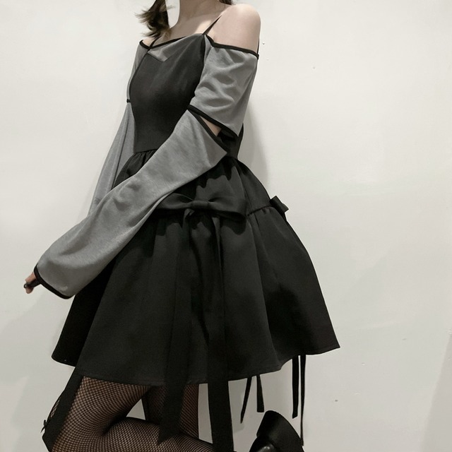ゴスロリ ハイウエスト サスペンダースカート ミニワンピ サスペンダー リボン 黒ゴス 病み可愛い 原宿系 オルチャン 10代 代 モード系ファッション専門店 With U