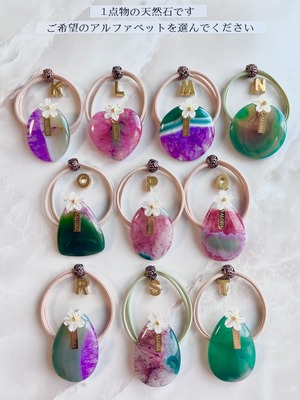 Gradation agate×Plumeria hair accessory(グラデーションアゲート瑪瑙天然石×プルメリアヘアゴム)